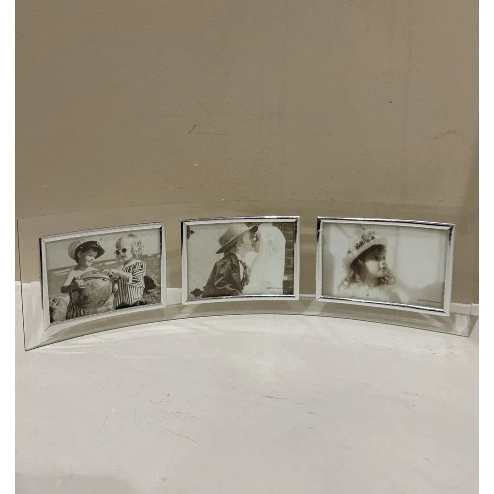 Curved Glass Triple Picture Frame 3 Photo Beveled Silver Desk Mantel Holder Bent